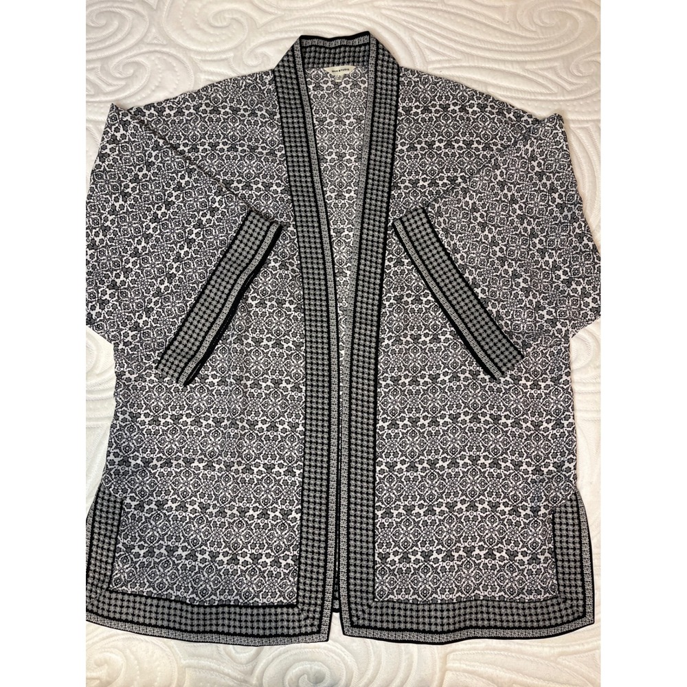 Max Studio Large Womens Black White Floral Medallion Kimono Open Cardigan